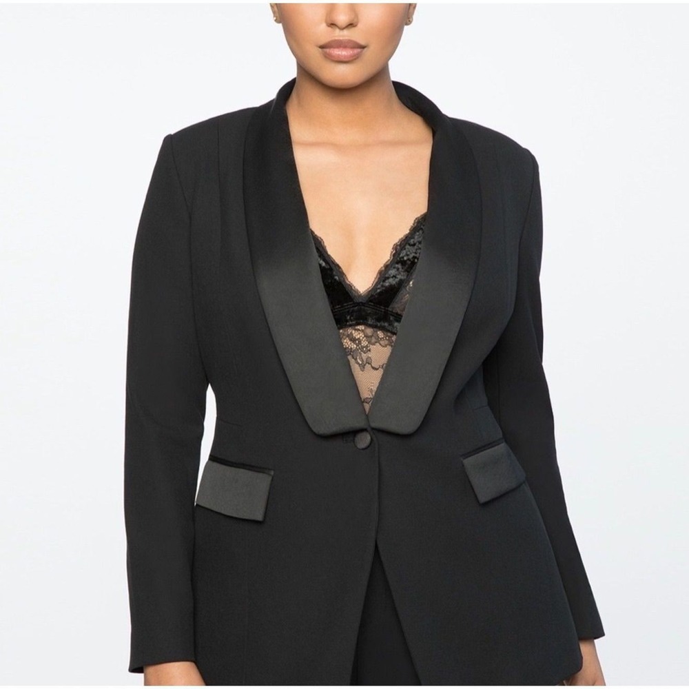 Black Satin-Trim Single-Button Blazer